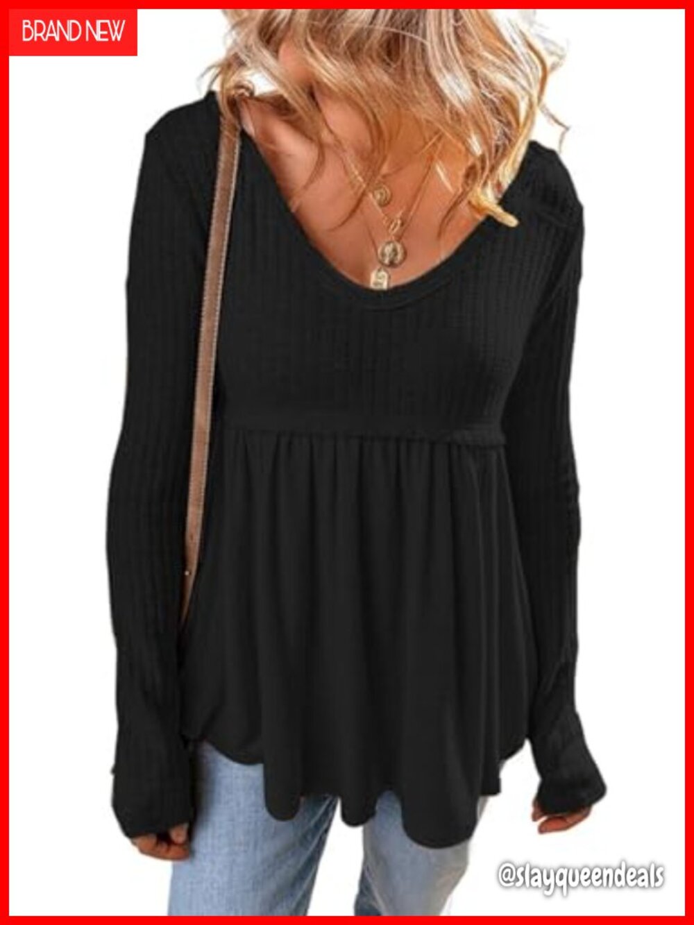 Women's Long Sleeve V Neck Babydoll Tunic Top Textured Casual Tee